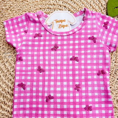 Body Manga Curta Xadrez com Corações - Pink 